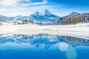 bosque, montañas, naturaleza, nieve, copos de nieve, invierno