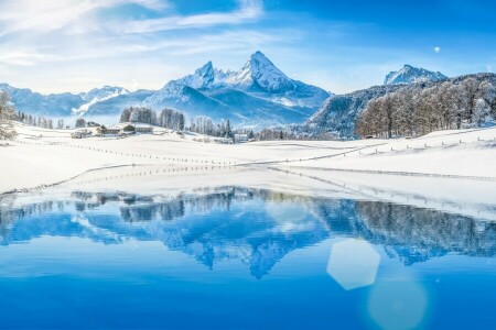 Woud, bergen, natuur, sneeuw, sneeuwvlokken, winter