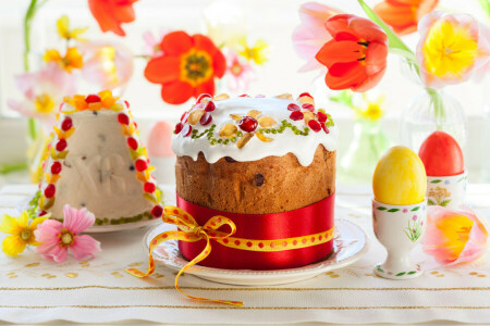 torta, Pasqua, uova, fiori, tulipani