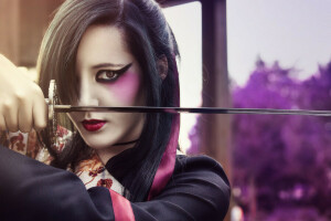 asian, face, girl, hair, katana, look, weapons