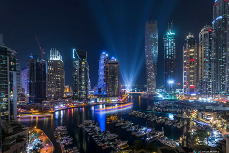 Dubai, licht, lichten, Jachthaven, nacht, de stad, de avond, VAE