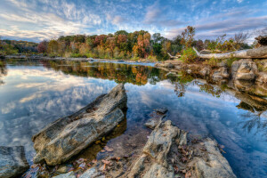 otoño, nubes, lago, piedras, el cielo, arboles