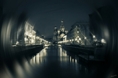 blood, Bridge, Church, Dome, lights, Neva, night, Peter