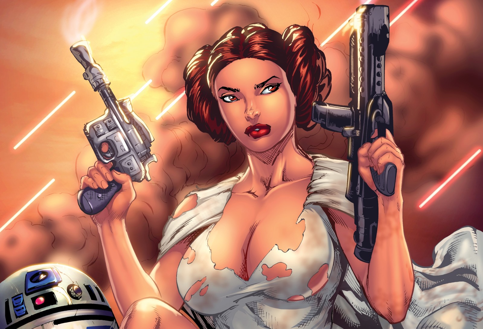 girl, chest, Fan Art, R2-D2, Princess Leia, Blaster, Leia, Leia Organa