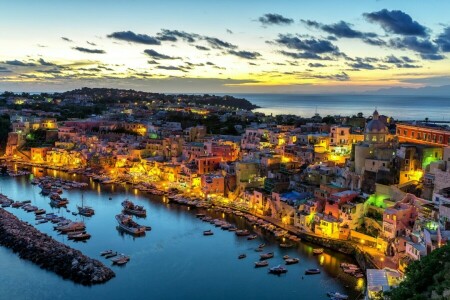 bygning, Corricella, Napoli-bugten, Havn, Italien, panorama, Havn, Procida Island