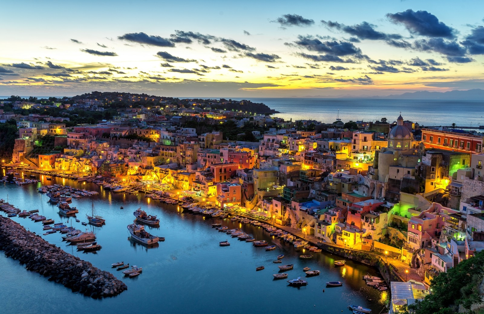 Sonnenuntergang, Meer, Italien, Panorama, Gebäude, Promenade, Hafen, Hafen