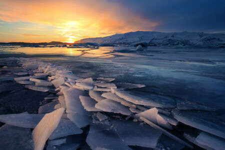 fryse, Glacier, is, Island, landskaper, solnedganger, vinter