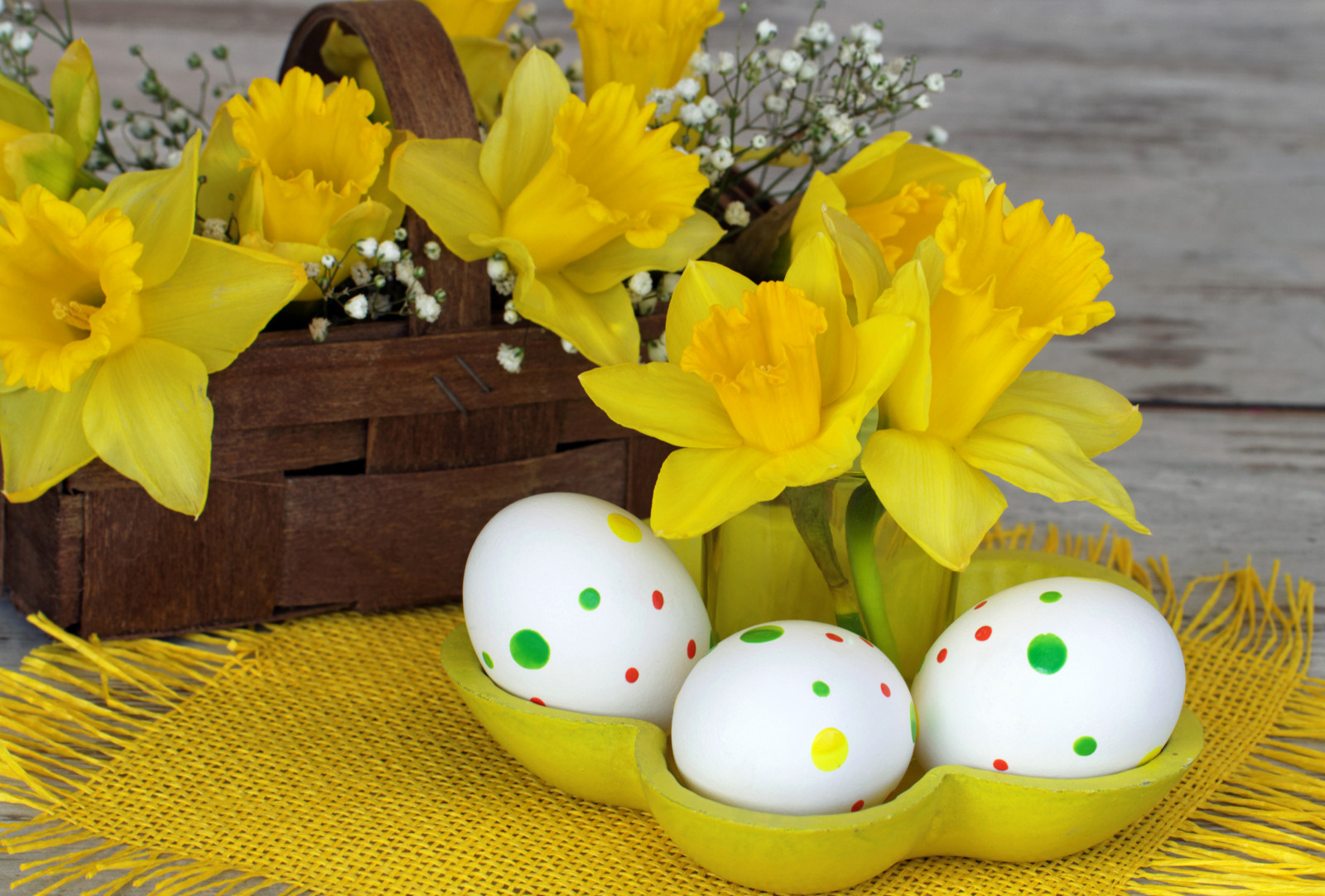 fiesta, huevos, flores, Tablero, servilleta, cesta, Pascua de Resurrección, narcisos