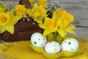 panier, Planche, jonquilles, Pâques, des œufs, fleurs, vacances, serviette de table