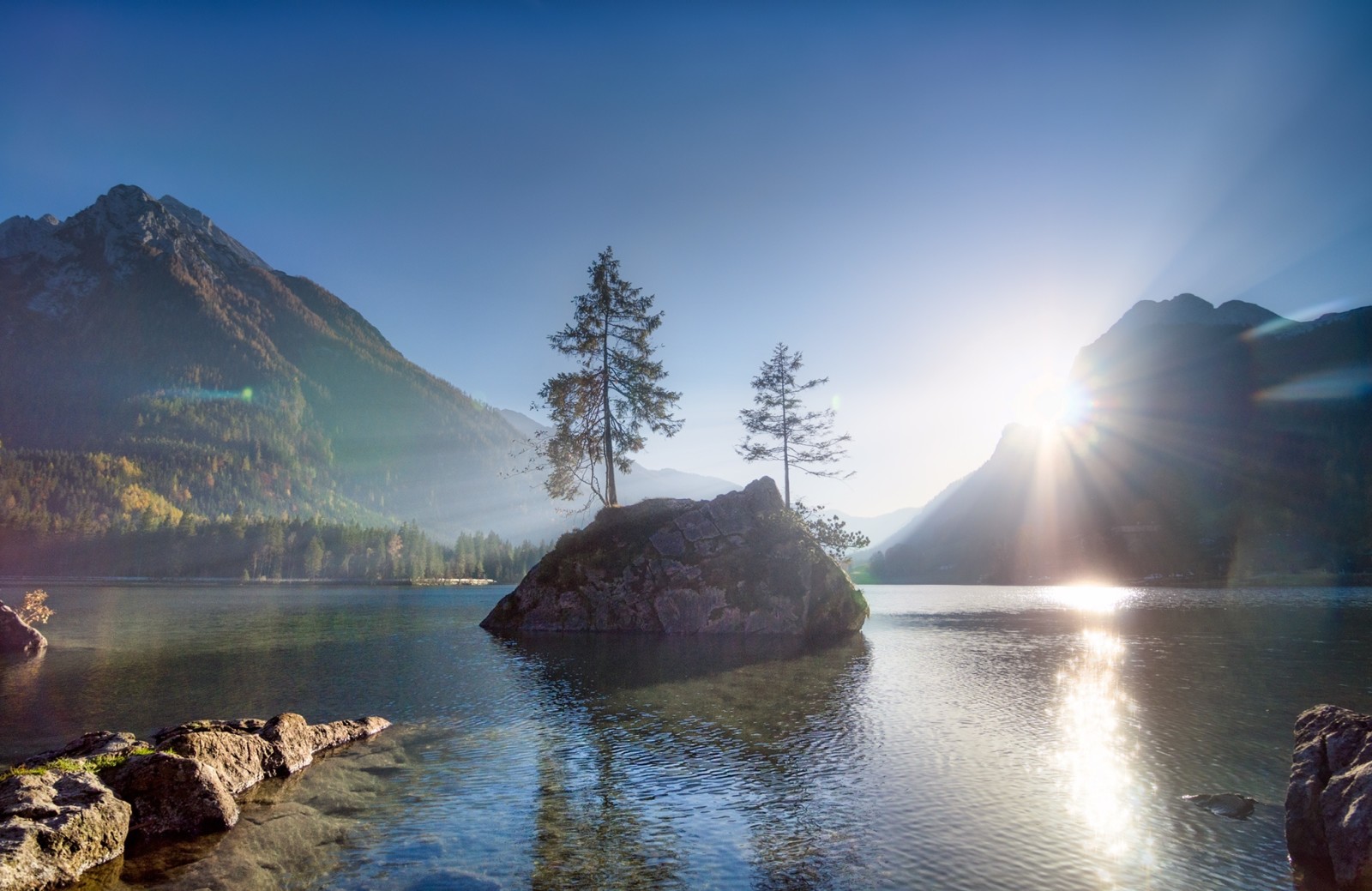 floresta, natureza, lago, panorama, manhã, montanhas