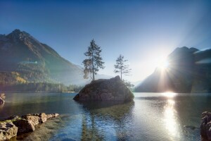 Skov, sø, landskab, morgen, bjerge, natur