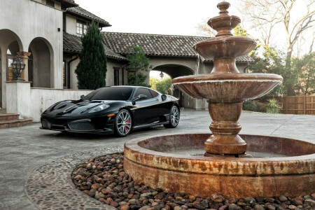 noir, F430, ferrari, Fontaine, maison, supercar