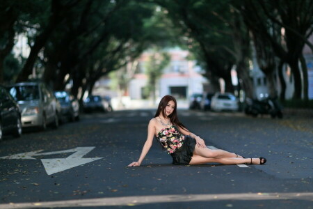 asiático, menina, Veja, pose, rua