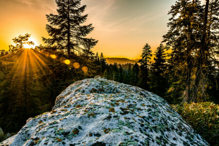 montagne, raggi, pietra, tramonto, il Sole, alberi