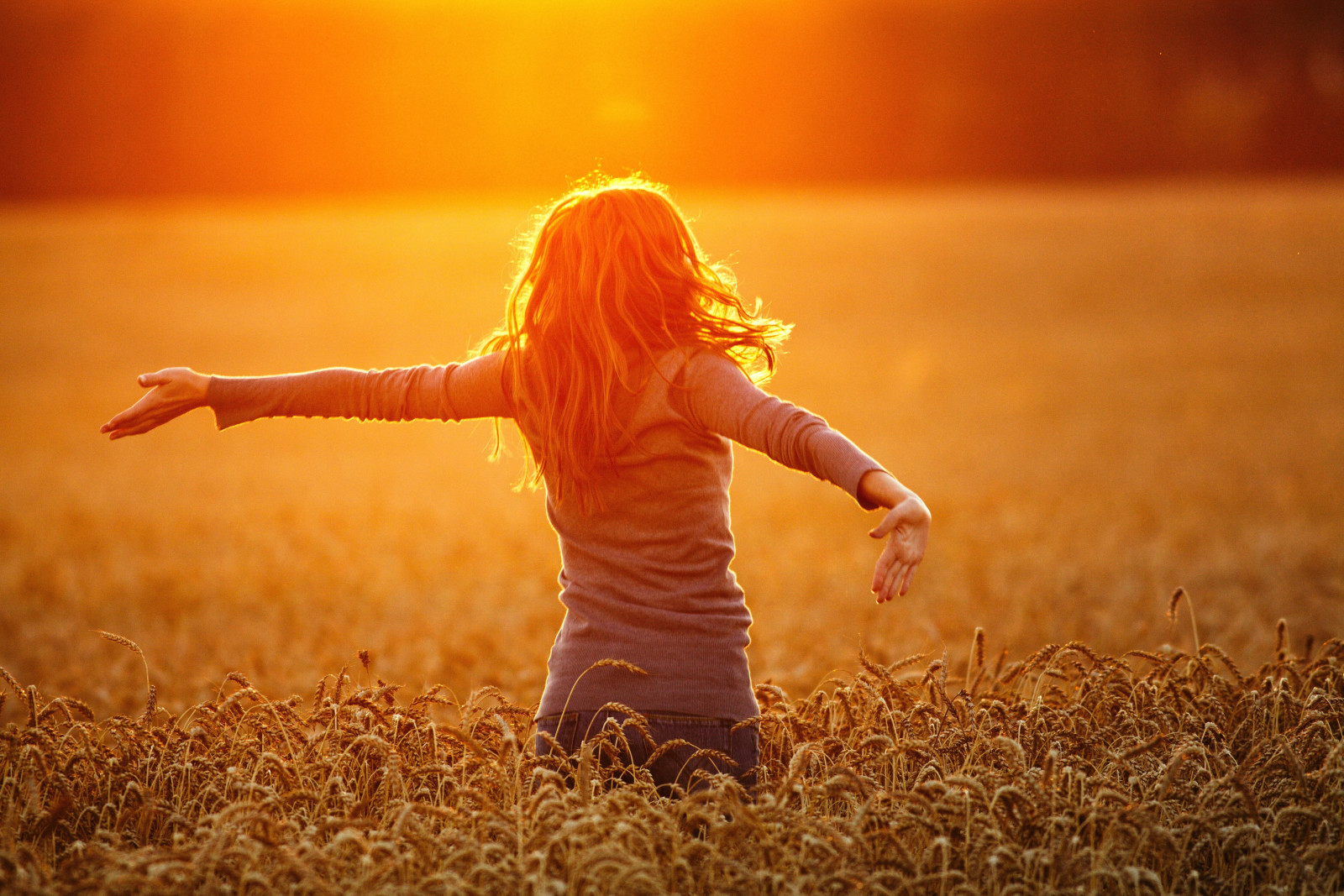 Natur, Mädchen, Sonnenuntergang, Landschaft, Feld, Weizen