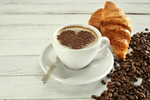 des haricots, petit déjeuner, café, croissant, tasse, croissance, cœur, l'amour