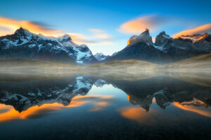 Chile, haze, lake, Patagonia, reflection, South America, the Andes mountains