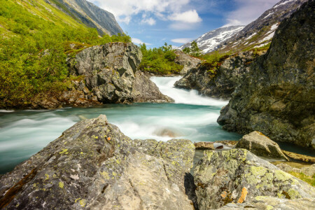 för, klyfta, bergen, Norge, stenar, ström, buskarna