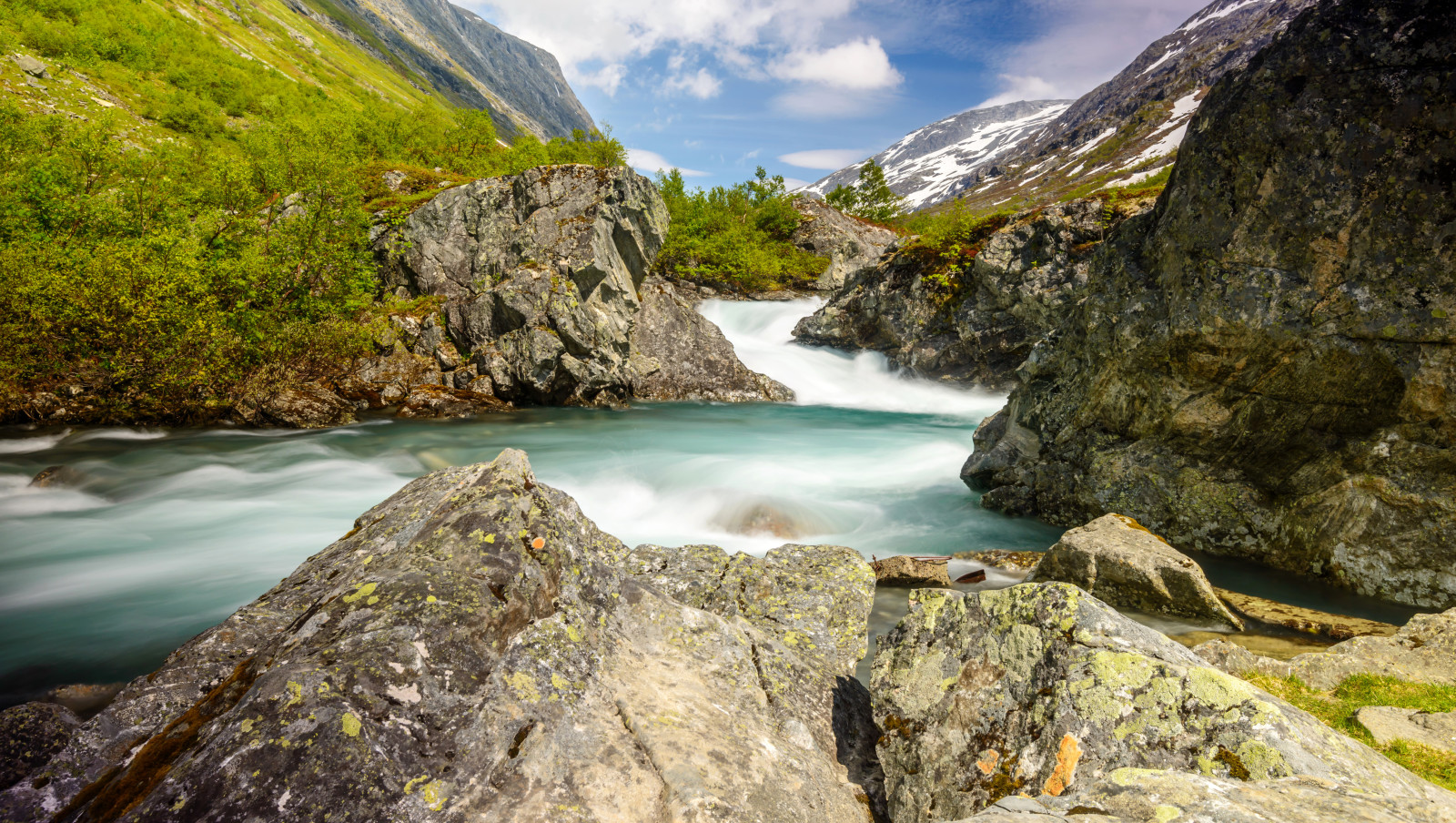 stones, mountains, Norway, stream, the bushes, gorge, for