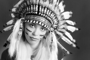 black and white, eyes, face, feathers, girl, headdress, look