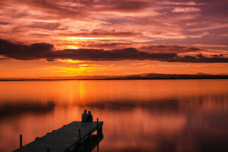 glow, lake, landscape, pair, people, sadness, the bridge