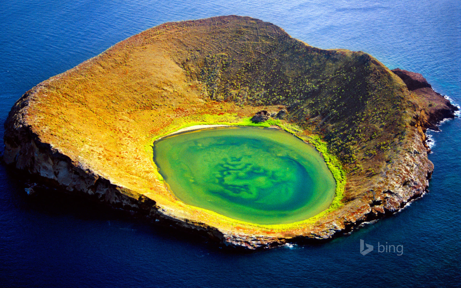 zee, de vulkaan, krater, Ecuador, De Galapagos-eilanden, Santiago eiland