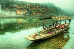 boot, wolken, mist, HDR, huis, bergen, rivier-, de stad