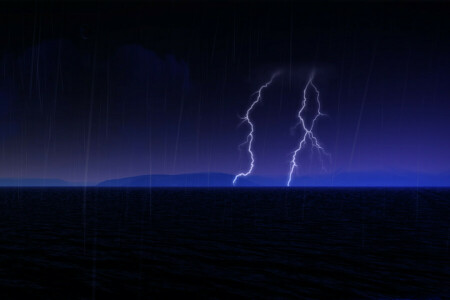 lightning, night, sea, the sky