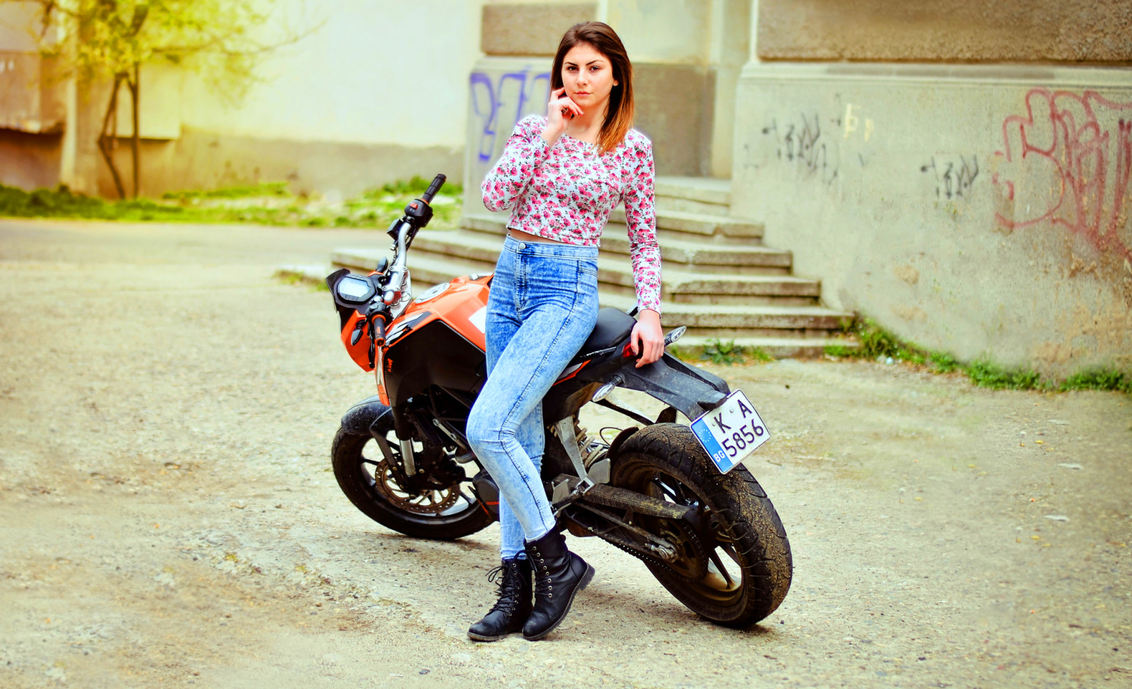 meisje, portret, model-, mode, fiets, het schieten, motorfiets, Ktm