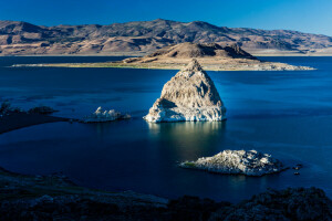 island, lake, mountains, rock, the sky