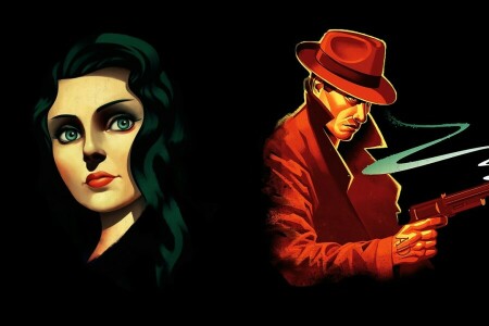 Bioshock Infinite, black background, Booker, girl, hairstyle, hat, look, weapons