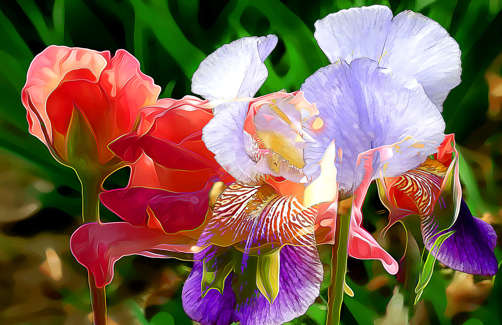 linje, blommor, måla, kronblad, tolkning, iris