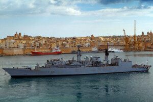 Baai, wolken, torpedojager, huis, pier, INVAL, schip, de stad