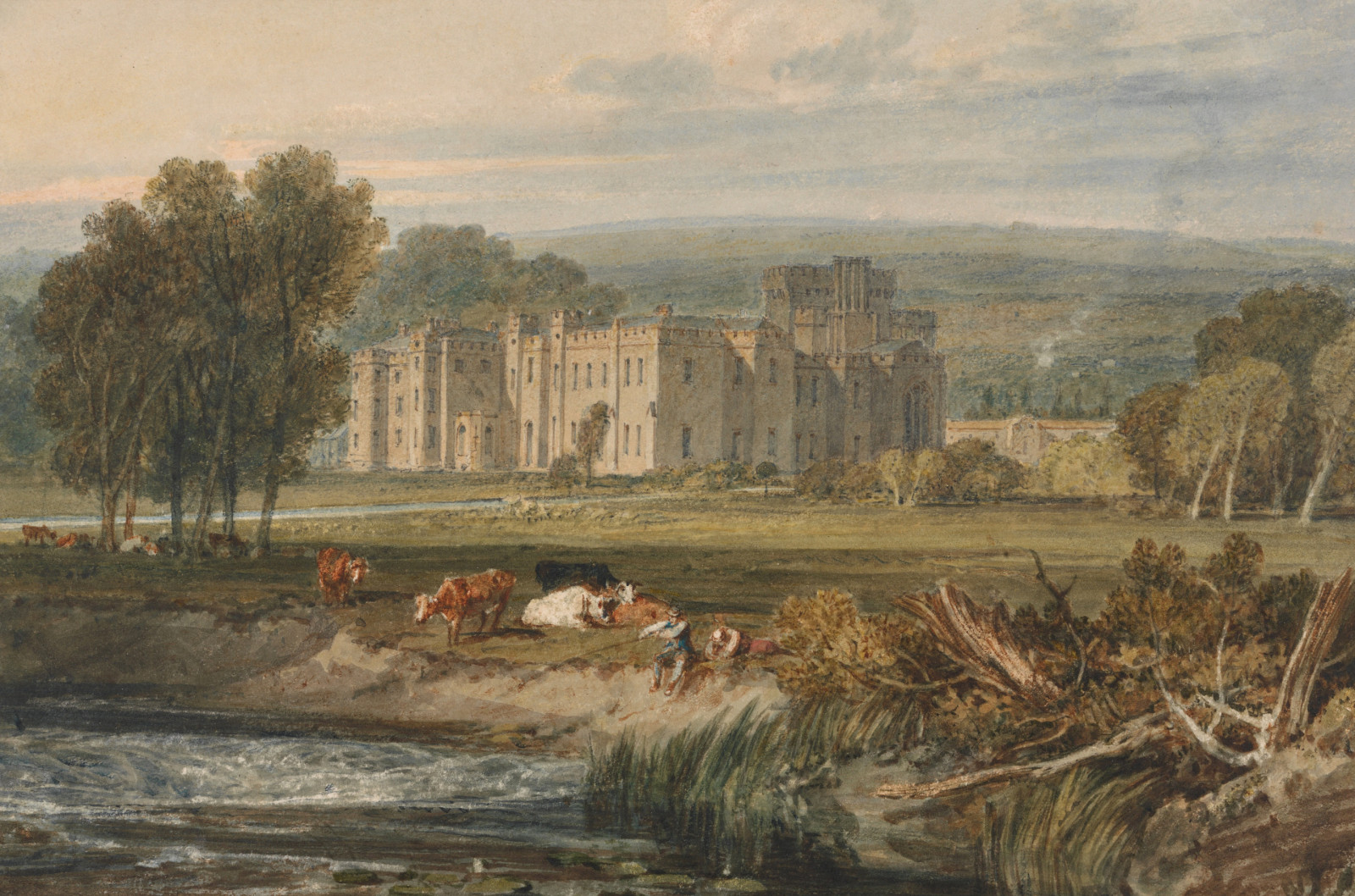 naturaleza, paisaje, arboles, imagen, castillo, acuarela, vacas, William Turner