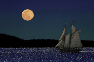 nature, sailboat, sea, The moon