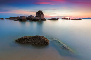 clouds, lake, mountains, rocks, stones, the sky