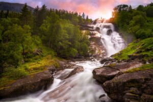 Noruega, río, arboles, cascada