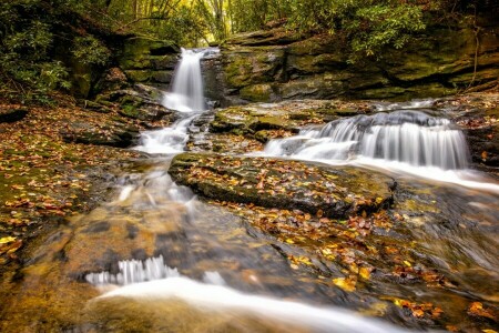 jesień, kaskada, GA, Gruzja, pozostawia, Raven Cliff Falls, wodospad