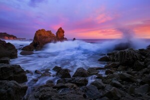 CA., Kalifornien, Corona del Mar., Pazifik See, Felsen, Steine, Sonnenuntergang, Der Ozean