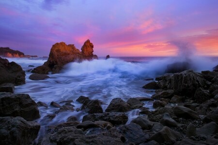 CA, kalifornien, Corona del Mar, Stilla havet, stenar, stenar, solnedgång, Havet