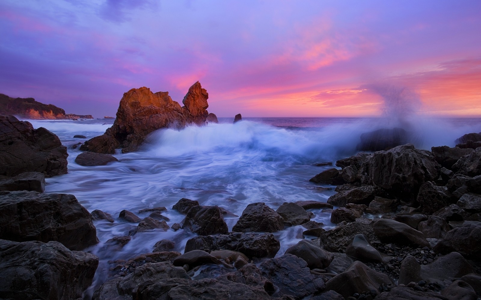 le coucher du soleil, des pierres, L'océan, rochers, vague, Californie, Californie, océan Pacifique