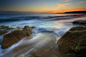 clouds, mountains, rocks, sea, stones, sunset, the sky