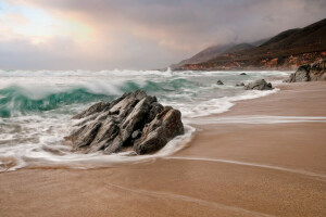 des nuages, rochers, mer, des pierres, orage, Le ciel, vague