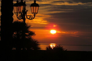 paisaje, luces, mar, puesta de sol