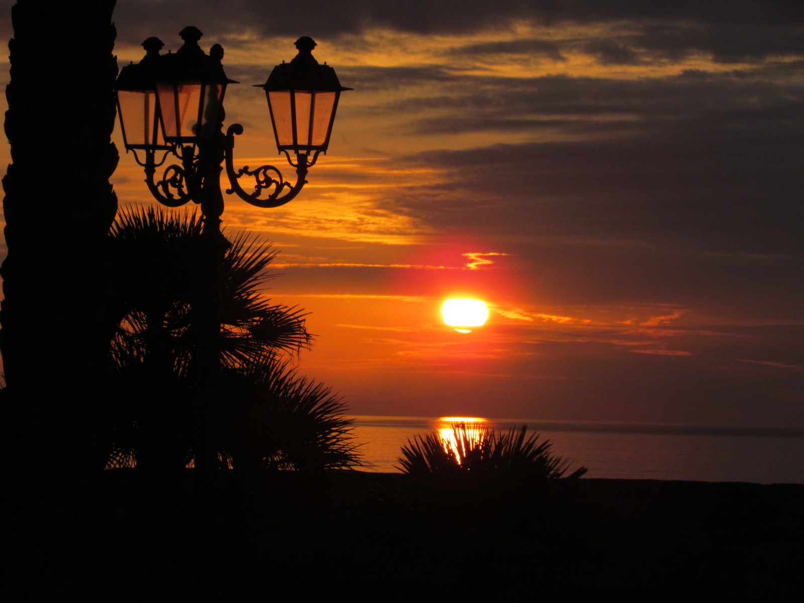 sunset, landscape, sea, lights