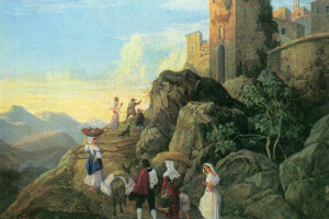 Adrian Ludwig Richter, genere, casa, paesaggio, montagne, persone, immagine, rocce