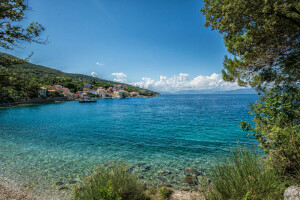 nuvole, Croazia, casa, montagne, mare, il cielo, alberi