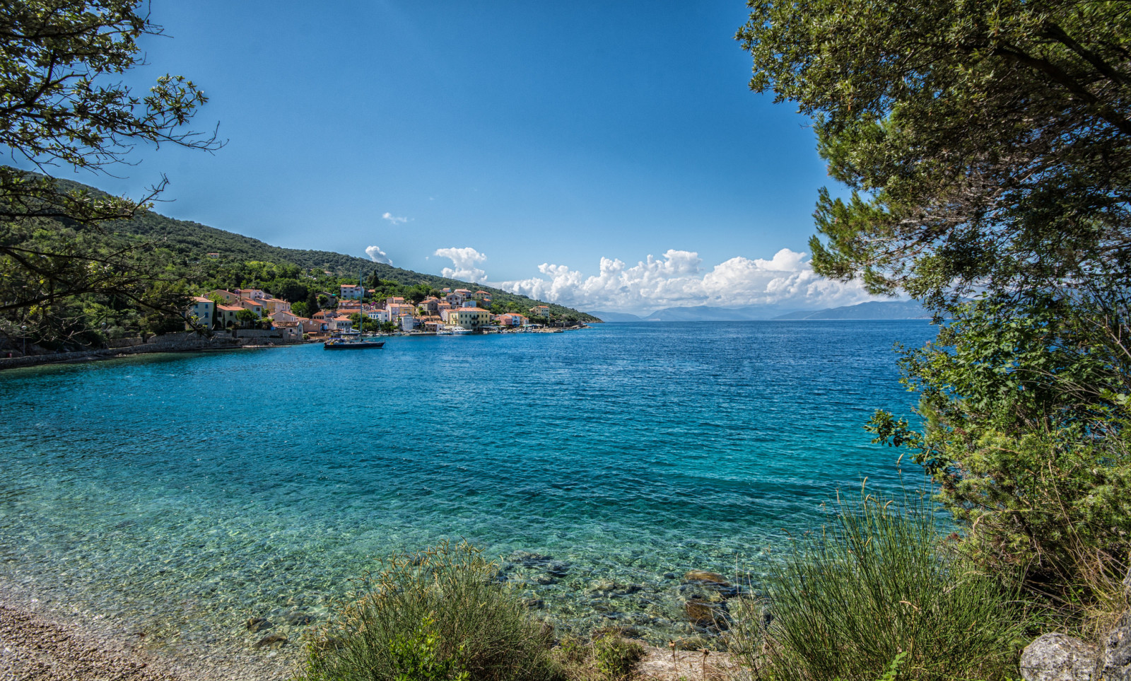 gökyüzü, deniz, ağaçlar, bulutlar, dağlar, ev, Hırvatistan