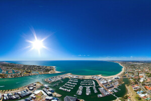 Australia, Baia, Barche, costa, casa, orizzonte, Mandurah, panorama