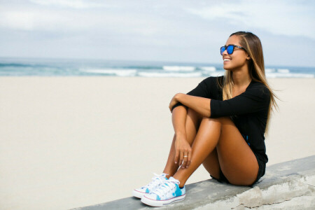 girl, glasses, pose, sitting